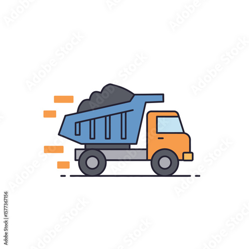 A blue dump truck filled with dirt moves quickly, depicted in a flat, stylized illustration with motion lines.