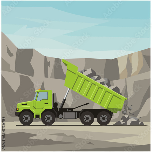 A lime green dump truck is shown hauling a large load of rocks at an open-pit mine, ready to unload its cargo during a mining operation.