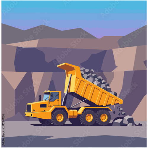 A yellow dump truck is seen in a stylized illustration, transporting rocks in a quarry with mountains in the background under a blue and purple sky.