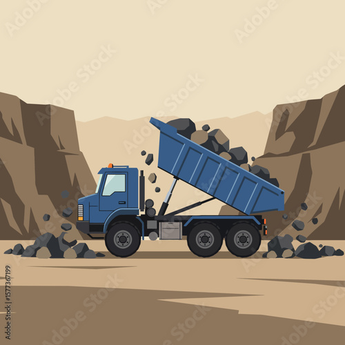 A blue dump truck is actively unloading a pile of dark rocks or coal in a barren, sandy environment, depicted in a clean vector illustration style.