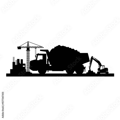 Black silhouette illustration depicts a construction site with a cement truck, crane, and excavator against a white background, conveying infrastructure and industry.