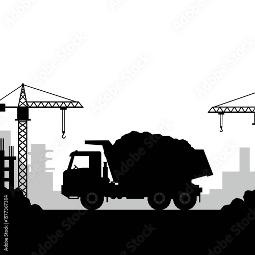 A striking silhouette illustration depicts a heavy-duty dump truck loaded with material at an active construction site, featuring prominent cranes in the background.