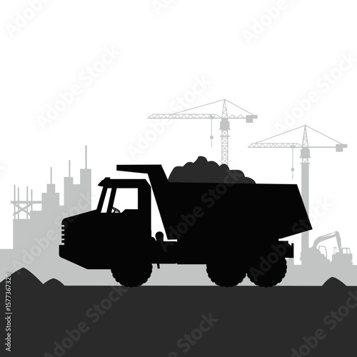 A black silhouette of a dump truck is shown on a construction site, with cranes and buildings in the background, conveying a sense of industry and development.