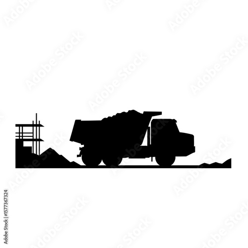 A silhouette of a dump truck filled with material against a white background, symbolizing construction, transportation, and the movement of resources for building projects.