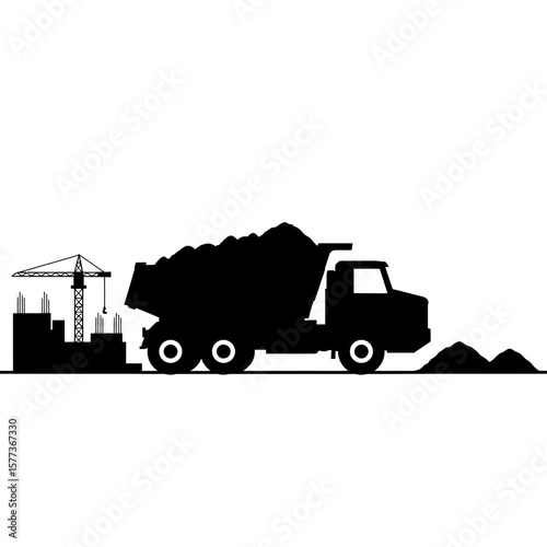 A black silhouette illustration depicts a construction site with a dump truck carrying a load of soil, along with a crane and building outlines.