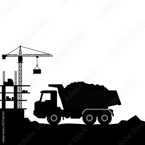 A black silhouette shows a large dump truck filled with earth beside a construction crane and unfinished building, symbolizing urban development.