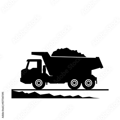 Silhouette of a heavy-duty dump truck loaded with dirt, driving on a rough surface, representing construction and heavy machinery.