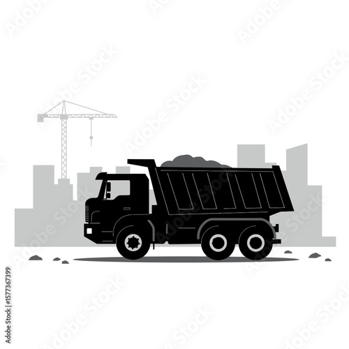 A black and white illustration depicts a dump truck filled with material against a backdrop of a construction site with a crane and city skyline.