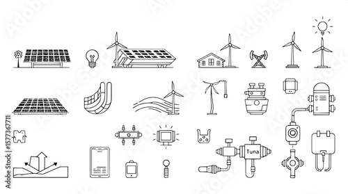 "A modern line icon collection, visually unified by thick, consistent outlines, depicting green energy elements like solar fields, tidal generators, energy monitoring apps, and emission control."