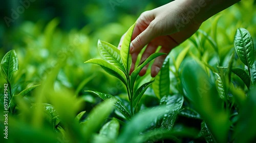 Hand gently touching fresh tea leaves on organic plantation, perfect for eco farming, green agriculture, and natural tea production visuals. 4K, motion