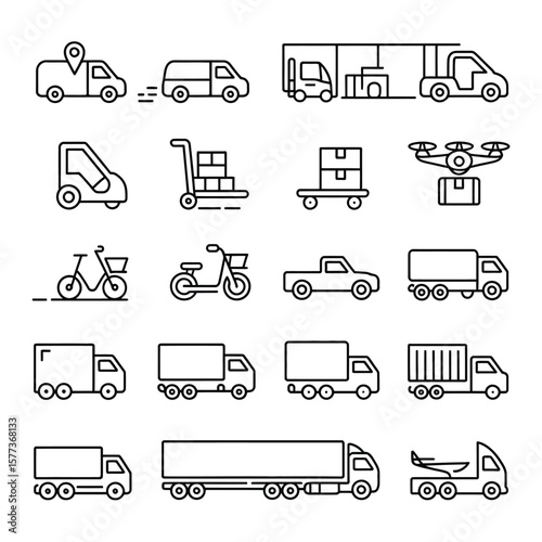 Collection of Black and White Line Art Icons Depicting Various Transportation Methods for Delivery and Logistics Including Trucks Vans Bikes and Drones