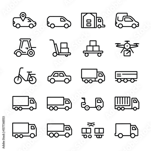 Collection of Black and White Line Art Icons Depicting Various Transportation Methods for Delivery and Logistics Including Cars Vans Trucks Bikes and Drones