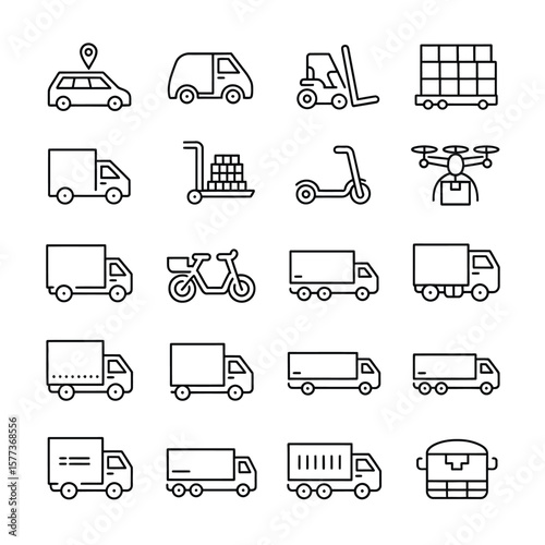 Collection of Black and White Line Icons Depicting Various Transportation and Delivery Methods Including Cars Trucks Vans Scooters Bikes Forklifts Hand Trucks and Drones