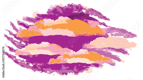 Abstract watercolor painting featuring a blend of purple orange and pink hues in a cloud like formation
