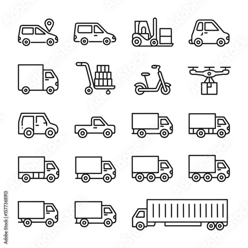 Collection of Black and White Line Icons Depicting Various Transportation Methods for Delivery and Logistics Including Cars Vans Trucks Forklifts Hand Trucks Scooters and Drones