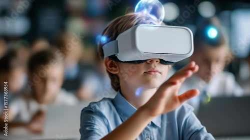 Wallpaper Mural A Young Boy Experiencing Immersive Virtual Reality in a Modern Classroom, Engaging with Future Technology and Learning Torontodigital.ca