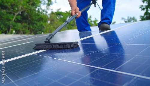 Worker cleans solar panels with brush
