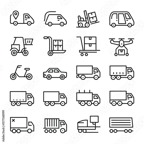 Collection of Black and White Line Icons Depicting Various Transportation Methods for Delivery and Logistics Including Trucks Cars Vans Scooters and Drones