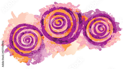 Three watercolor style roses with purple and orange petals displayed horizontally artfully