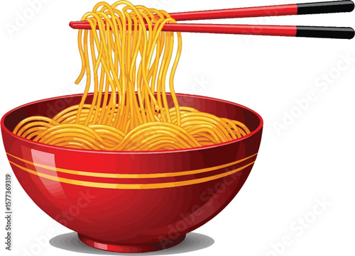 A red bowl filled with noodles held by chopsticks on a white background