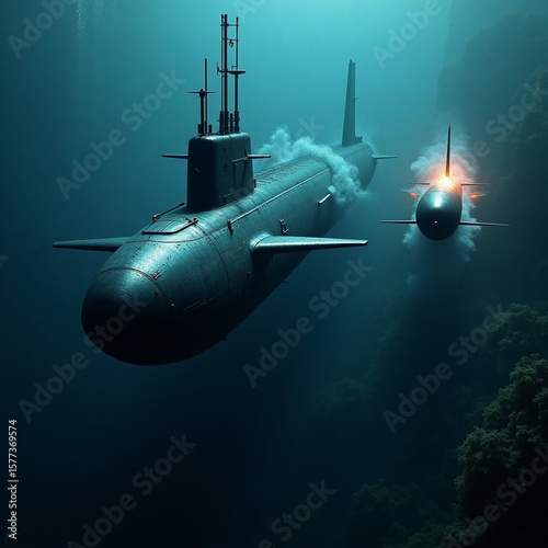 Wallpaper Mural Powerful military submarine cruising silently in deep ocean waters. Torontodigital.ca
