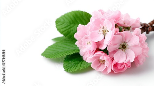 Delicate pink cherry blossoms and vibrant green leaves on a clean white background