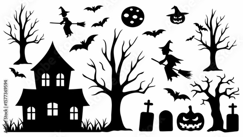 Spooky Halloween night scene with a haunted house, full moon, and scary trees, perfect for October celebrations