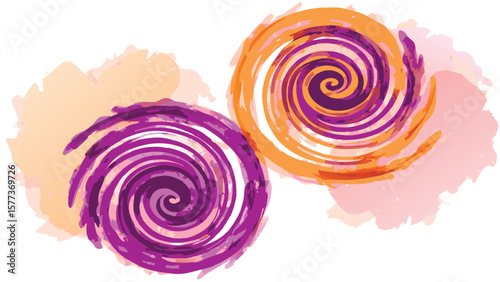 Two swirling watercolor spirals in orange and purple tones with blended abstract backgrounds art