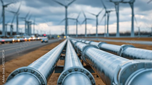 Oil or gas pipelines with wind turbines farm in distance under cloudy sky, perfect for content about energy transition, fuel transportation, and green power co-existence. 4K, motion