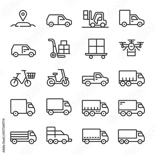 Collection of Black Line Icons Depicting Various Transportation Methods and Delivery Services Including Cars Trucks Vans Bikes Scooters Dolly Forklifts and Drones on White