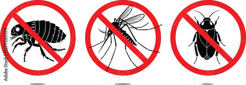 Three signs with a red circle and a line through flea mosquito cockroach