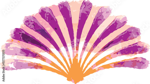 Watercolor style fan with purple and orange segments radiating from a central point design element