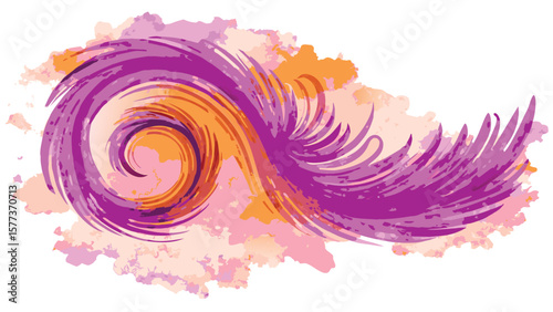 An artistic rendering of a swirling feather design with pink and orange watercolor elements present here