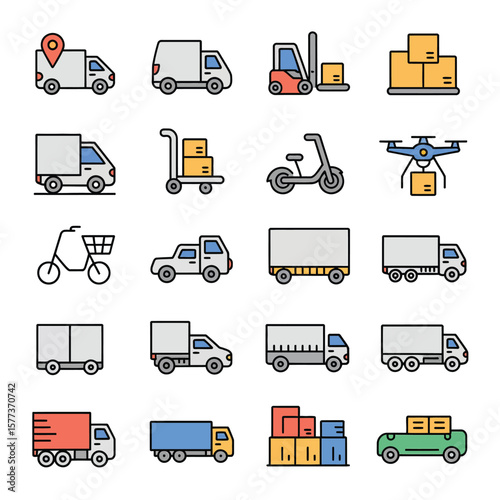 Collection of Colorful Delivery Vehicle Icons Including Trucks Vans Forklifts Bikes Scooters and Drones for Logistics and Transportation Concepts