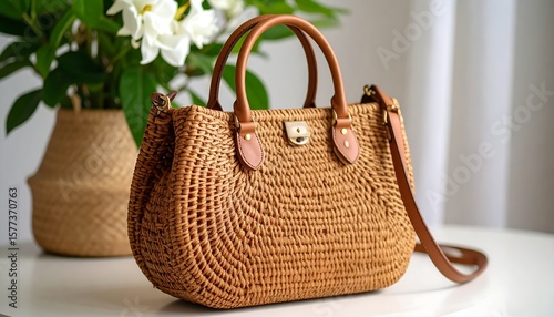 Woven tan handbag on white surface, beside a cream-colored vase with white flowers