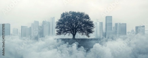 Tree surrounded by fog urban landscape nature photography mysterious environment elevated viewpoint loneliness concept
