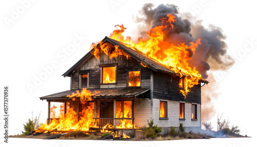 Burning Home: A house consumed by roaring flames and thick black smoke, symbolizing destruction, disaster, and loss.