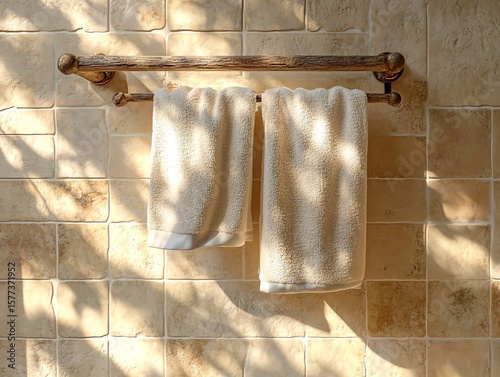 Bathroom Towel Rack with Two White Towels Hanging on Wooden Bar Against Beige Tile Wall photo