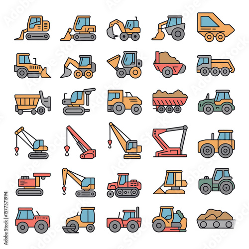 Collection of Colorful Line Art Icons Illustrating Diverse Construction and Agricultural Vehicles Including Excavators Bulldozers Tractors Dump Trucks Cranes and Other Heavy