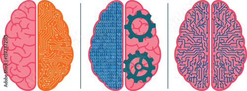 Three brains showing ai technology and binary code and circuit board