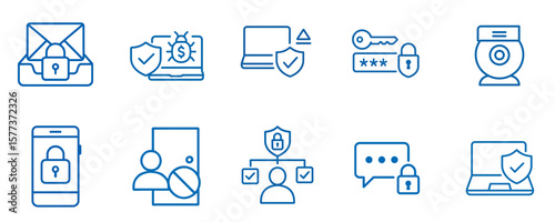 Icon set for work and protection with blue line design elements  