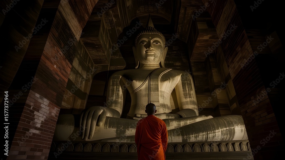 Fototapeta premium sukhothai-style Buddha statue with monk look up 