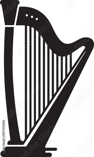 Elegant black and white silhouette of a beautiful harp musical instrument