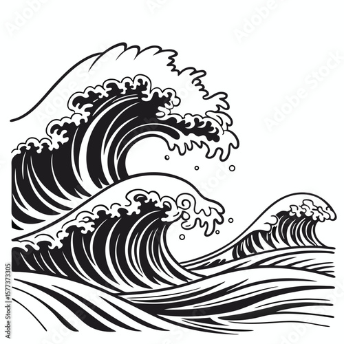 Stylized Black and White Ocean Waves in a Traditional Japanese Woodblock Print Art Style

