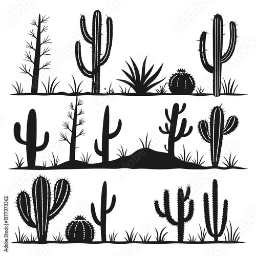 Collection of Black Silhouette Vector Icons of Various Desert Cacti and Succulent Plants from the American West

