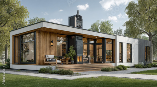 A stunning modern modular home with a spacious wooden deck nestled amidst lush green trees under a clear blue sky.