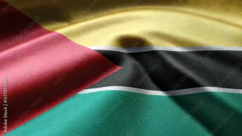 The vibrant silk flag of Mozambique is displayed, highlighting its rich colors and textures as it represents Independence Day celebrations.