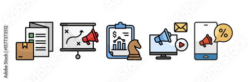 Marketing Strategy Icon Set Multiple Style Collection, Containing design Product Portfolio, Strategy Marketing, Sales Strategy, Digital Marketing, Promotional