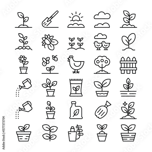 Collection of Thirty Black and White Line Art Gardening Icons Depicting Plants Flowers Seeds Tools Chickens and Farm Elements