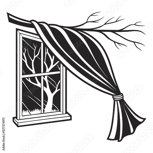 Stormy Weather Window: Dramatic Black and White Illustration